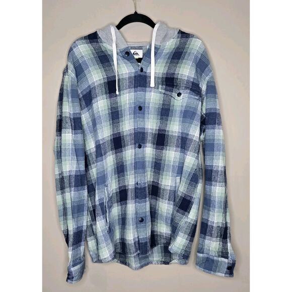 Quiksilver Mens Button UpFlannel Hoodie Blue Green Plaid Size Extra Large - Picture 1 of 8